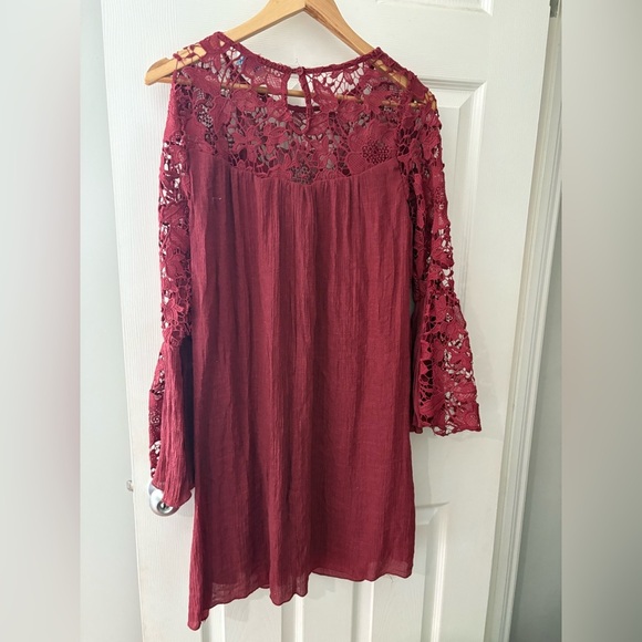 J Gee babydoll lace crochet mini dress size large bell sleeve Merlot red - Picture 5 of 10